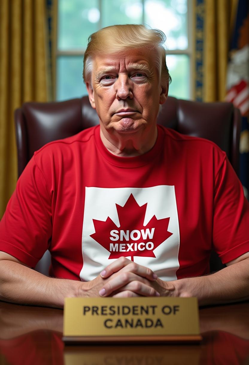 Create a image of donald trump in the oval office wearing a red and white t-shirt with a Canadian maple leaf logo with text "SNOW MEXICO", hyper-realistic photograph a brass name plate on the desk that reads "PRESIDENT OF CANADA" 3d strong clear text