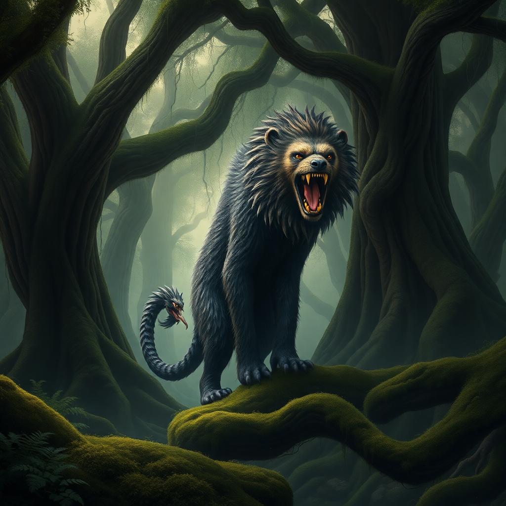 Create a highly detailed image of a Bandersnatch, a mythical creature from Lewis Carroll's "Through the Looking-Glass," set in a dense, ancient forest:

**Subject**: The Bandersnatch is a large, fearsome beast with a mix of features from different animals, such as the body of a bear, the head of a lion with a long snout, sharp teeth, and piercing eyes, and the tail of a serpent. Its fur is matted and wild, with shades of dark brown and black, reflecting the shadows of the woods.

**Environment**: The forest is thick with ancient trees, their gnarled roots and low-hanging branches creating a labyrinth of shadows and dappled light. Mosses and ferns carpet the forest floor, and the air is thick with mist, adding to the ethereal quality of the scene. 

**Lighting**: The scene is illuminated by a soft, diffused light filtering through the canopy, casting long shadows and highlighting the texture of the Bandersnatch's fur and the foliage around it. The light should be moody, enhancing the mysterious and slightly ominous atmosphere.

**Mood and Atmosphere**: The mood is one of quiet menace, with the Bandersnatch lurking in its natural habitat, watching with predatory intent. The atmosphere is filled with tension, as if the viewer has stumbled upon a creature not meant to be seen.

**Composition**: The Bandersnatch should be positioned at the center of the frame, partially obscured by foliage, suggesting its size and the density of the forest. The camera angle should be from a low perspective, looking up at the creature to emphasize its dominance and power in this setting.

**Art Style**: Render the scene in the style of dark fantasy art, with a touch of surrealism to emphasize the otherworldly nature of the Bandersnatch. Use a palette of dark greens, browns, and grays, with occasional splashes of muted color from flowers or berries to break the monotony.

**Technical Aspects**: Employ chiaroscuro techniques to highlight the contrast between light and shadow, creating depth and volume in the image. The focus should be slightly soft, suggesting the viewer is peering through the mist, enhancing the sense of mystery.

**Cohesion**: Ensure the Bandersnatch blends seamlessly into its environment, its wild nature perfectly adapted to the ancient forest, creating an image that feels both fantastical and grounded in its setting.