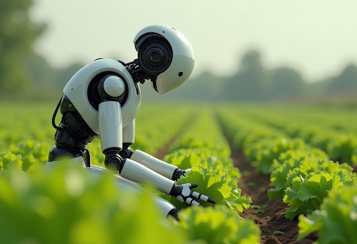 Create an image of a many streampunk android robot on their knees  picking lettuce, carrots, in a field