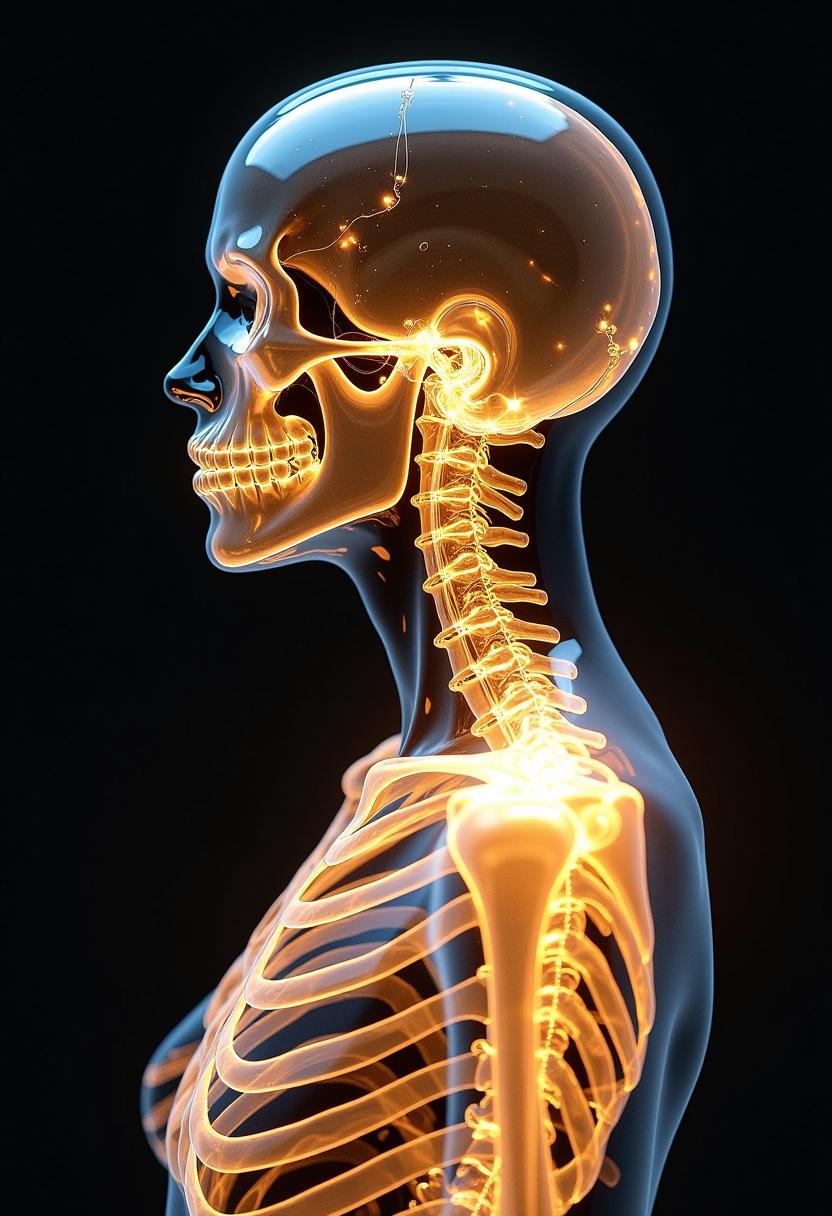 an ultrarealistic x-ray woman whose bones are made of shimmering gold, and the rest of her is made of otherworldly iridescent material.