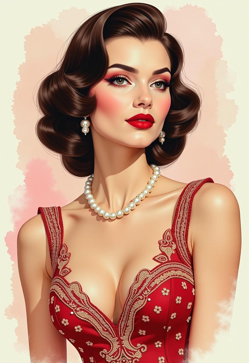 Gorgeous Hollywood glamour woman in vintage embroidered gown, hairstyle is in 1940s victory rolls, paired with bold red lips, dramatic eyeliner, and pearl accessories. Rich embroidery textures. Mimicking classic Hollywood elegance,  soft watercolor bg. ● Bing Ai ● Created By Kem