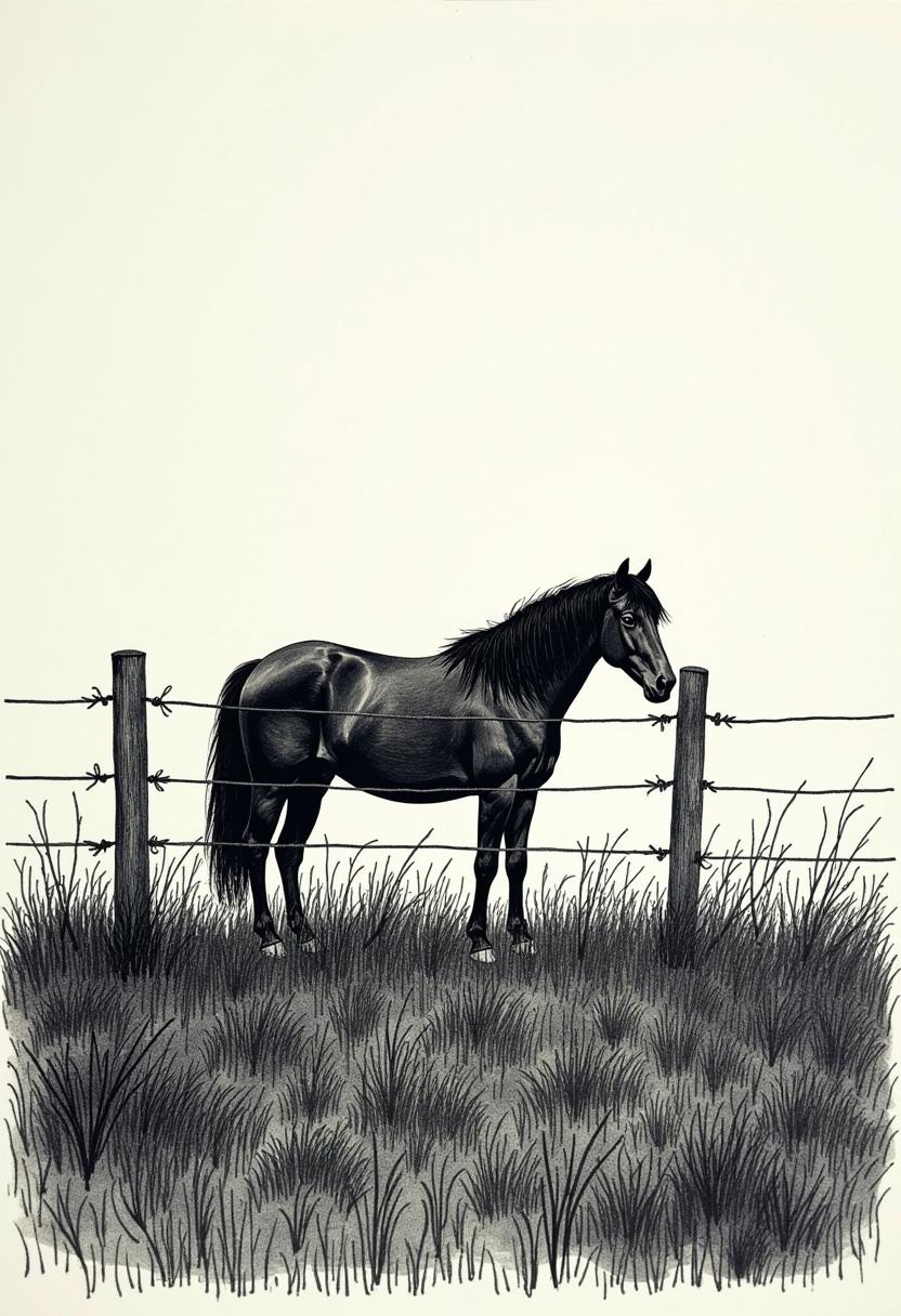 Black etching scribble art of a pasture and a horse behind a bobwire fence, highly detailed, expressive line work, textural contrast, natural composition, hand-drawn feel, in the style of Edward Gorey and Franklin Booth --ar 3:4 --style raw --stylize 750