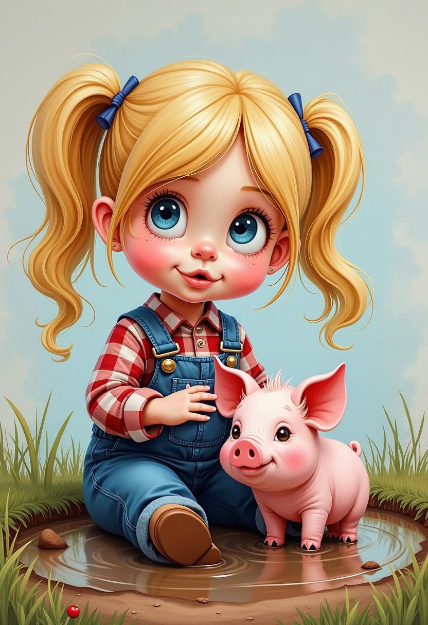 Crayon art and wax chalk painting of a whimsical caricature cute little toddler girl making a silly face with long blonde hair in pigtails, wearing overalls and a plaid shirt, she is sitting in a mud puddle with a baby pig.