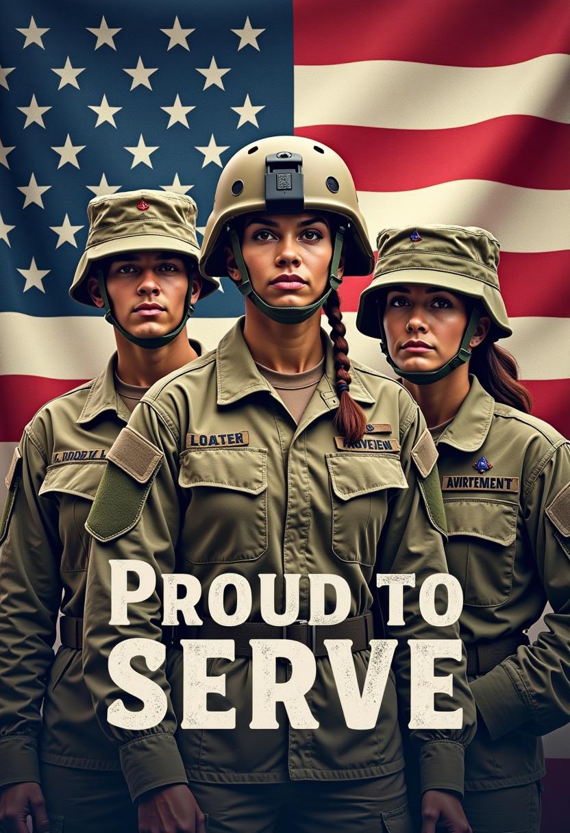 image of US flag and a mix of our military soldiers male and female,  text "Proud to Serve"