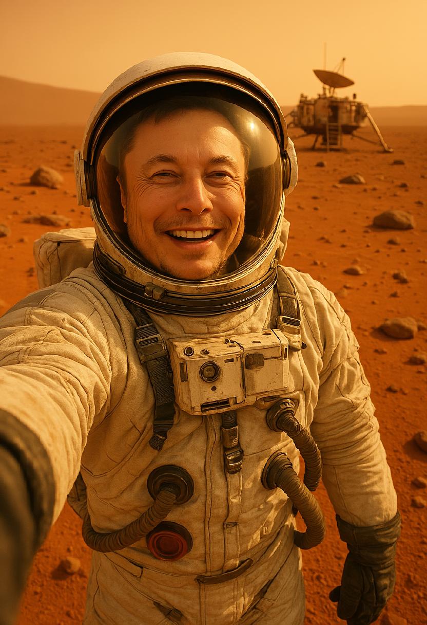 Elon Musk as space astronaut just landing on the Mars and talking selfie