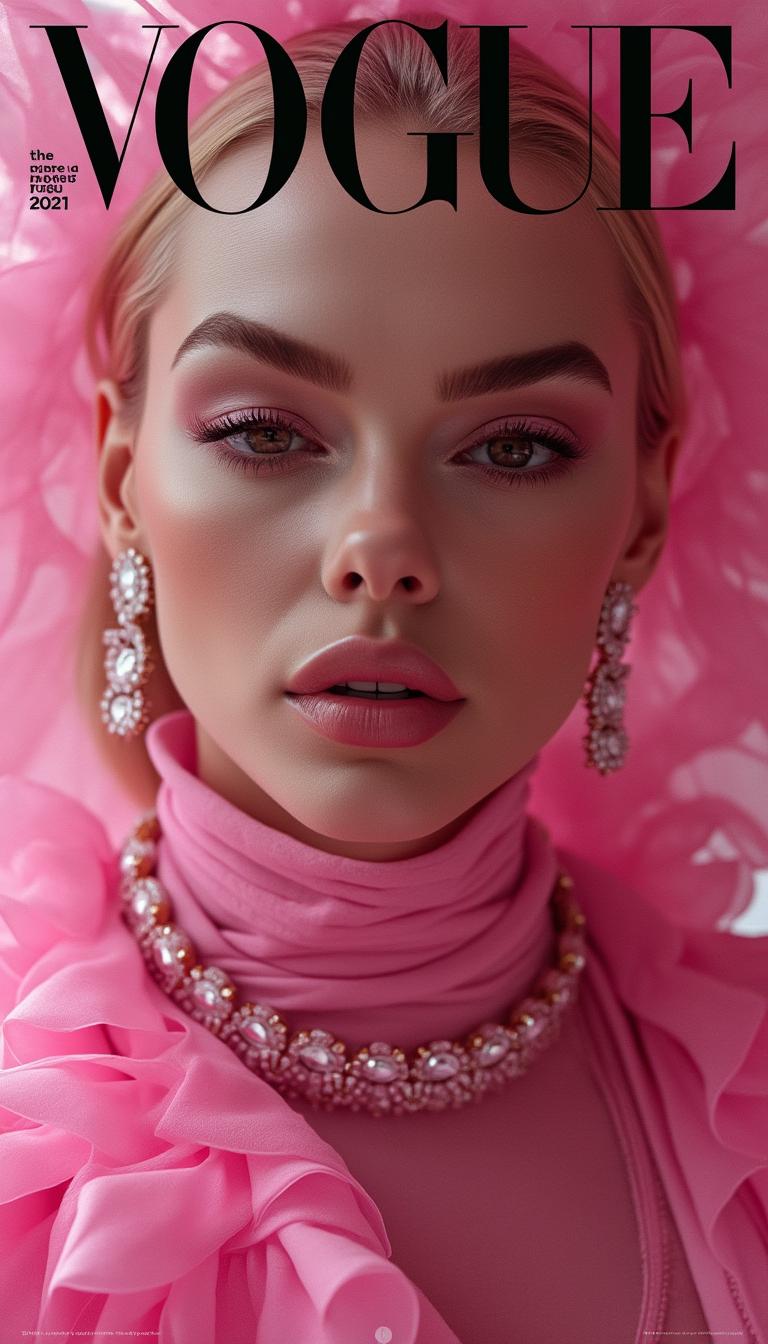 Realistic portrait of Pink Panter in a high-fashion model on the cover of VOGUE magazine. beautiful pink outfit, diamonts, blinkblink, confident and mysterious expression, , cinematic lighting. Vogue logo at the top, fashion magazine layout, minimalist background, professional photography style