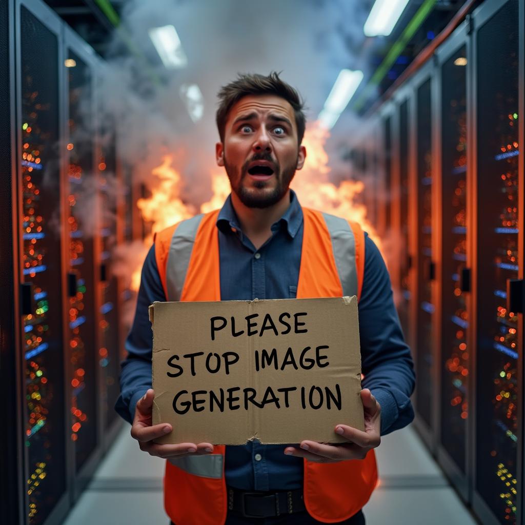 a image of datacenter staff, holding a cardboard with pencil writing: "please stop image generation", in the background a lot of servers on high load, hot, steam, some are melting, a modern computing center, fire and smoke, staff member with fear face expression