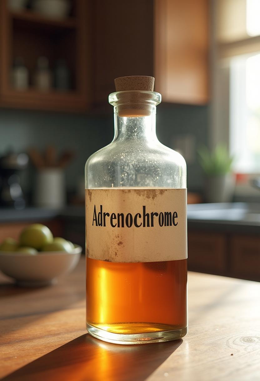 Create a rectangle squarish medicine bottle on a kitchen table with a label with text that reads "Adrenochrome" 1950's kitchen