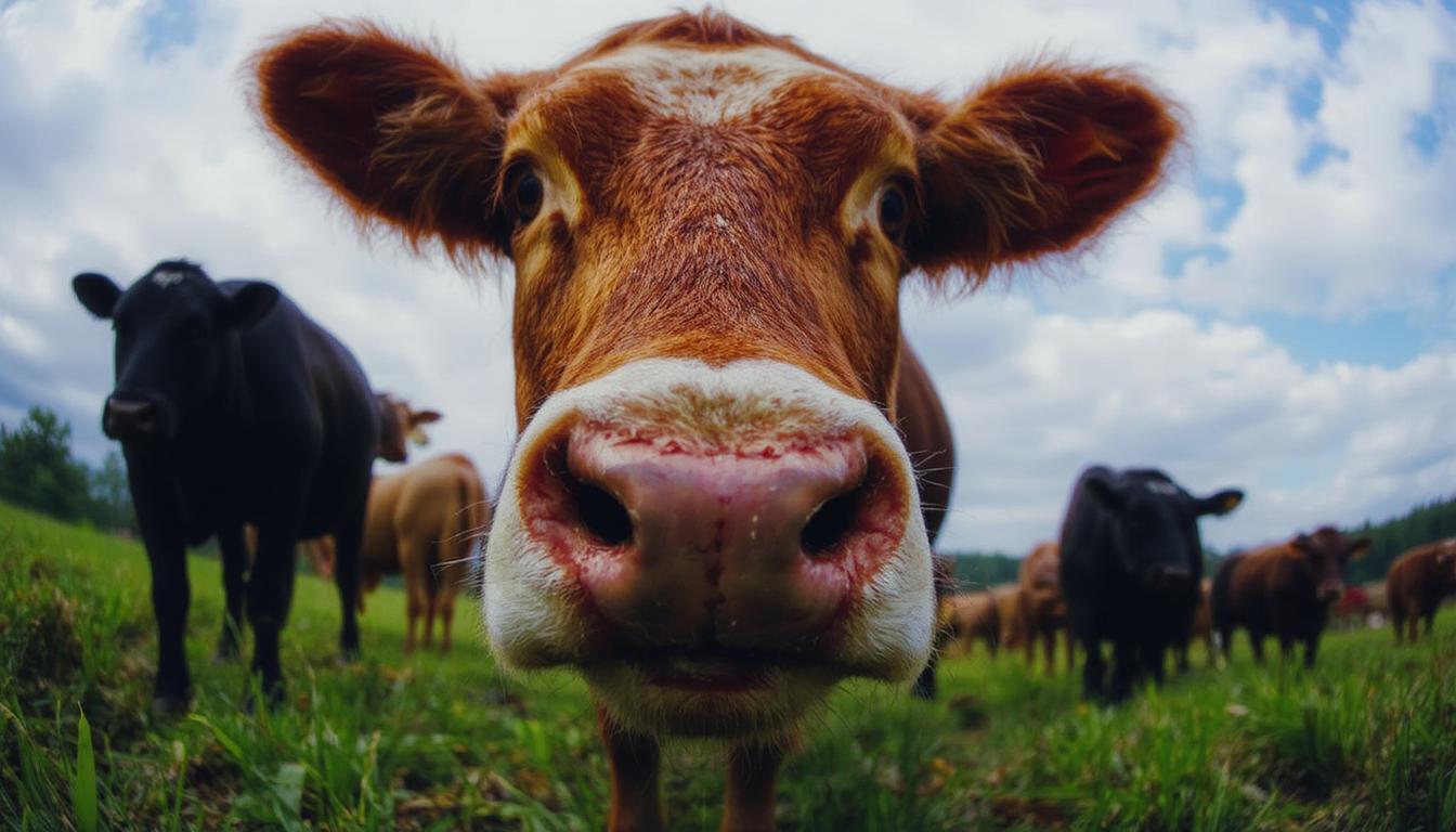 colorshift style.

A closeup of a cow's head on a field. 50mm fish-eye lens photography

