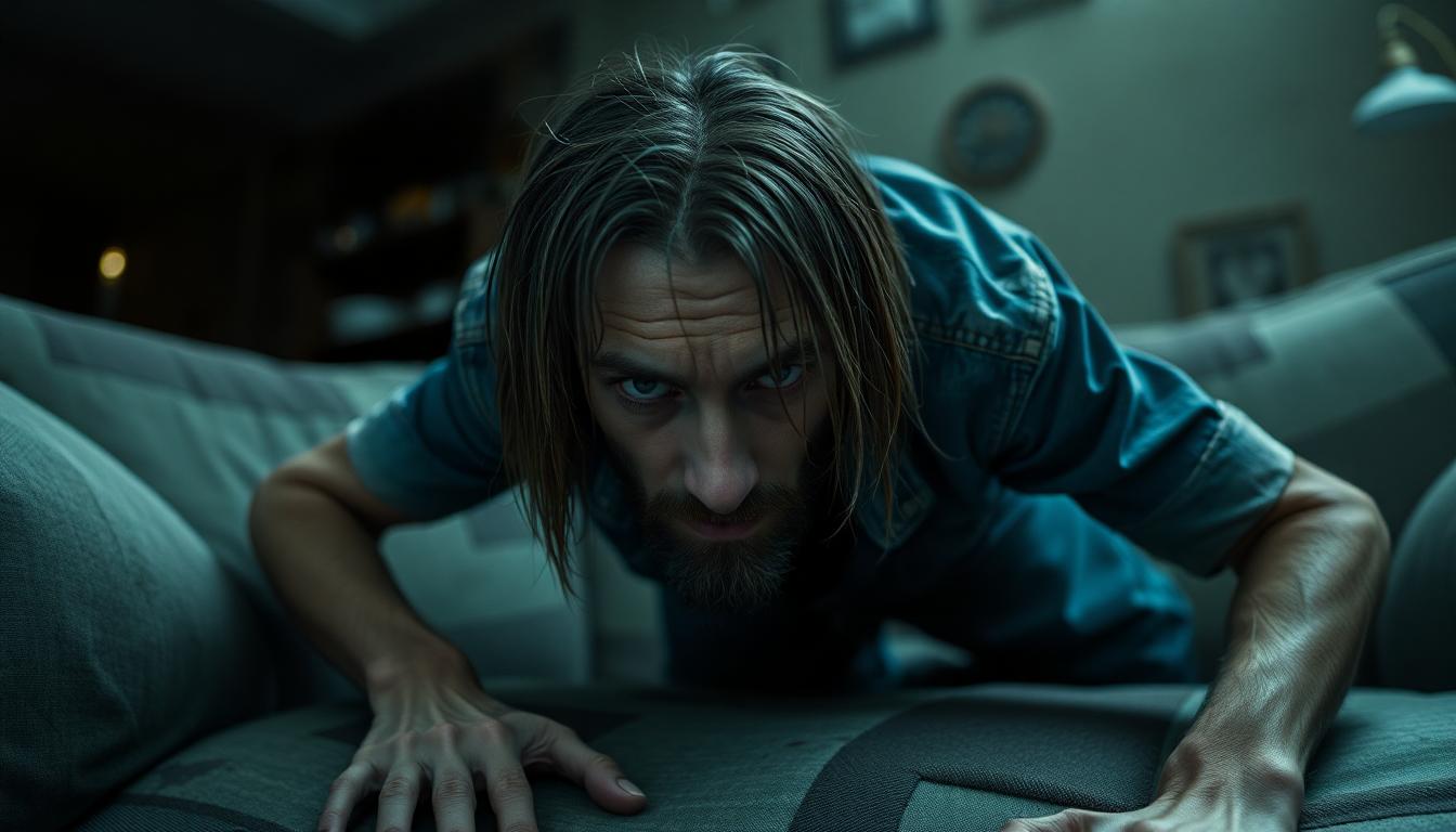 **Subject:** A gaunt man with the appearance of a junkie, dressed in worn denim, sporting long, greasy hair and stubbles on his face. His posture is unsettling, as he crawls over a tattered couch in a dimly lit living room, his eyes locked onto the camera with a malevolent glare.

**Visual Details:** 
- **Texture:** The man's skin appears pale and sallow, with visible veins under the skin. His hair is lank and greasy, clinging to his forehead. The couch is covered in mismatched, faded fabric with visible stains and tears.
- **Colors:** Predominantly muted and desaturated, with a heavy use of browns, grays, and blues. The colors seem to shift subtly, creating an uneasy, surreal atmosphere. The man's eyes might have a slight unnatural glow or color shift, enhancing his eerie presence.
- **Lighting:** The room is illuminated by a single, flickering light source, casting deep shadows and harsh contrasts, contributing to the sinister mood.

**Style:** 
- **Artistic Influence:** Inspired by David Lynch's surreal, dream-like aesthetic, with elements reminiscent of "Twin Peaks." 
- **Photography Technique:** Employ a colorshift style where hues subtly change, giving the scene an otherworldly, slightly distorted feel.

**Composition:** 
- **Framing:** The shot is composed with the man slightly off-center, the couch filling much of the frame, creating a claustrophobic feel. The camera angle is low, making the man appear more imposing and the room more oppressive.
- **Depth of Field:** A shallow depth of field focuses on the man, with the background slightly blurred, emphasizing his menacing presence.

**Mood and Atmosphere:** 
- **Ambiance:** The room exudes a palpable sense of dread and discomfort, amplified by the eerie silence or a distant, unsettling noise. The time feels like late evening or night, with the outside world obscured by heavy curtains or darkness.
- **Weather:** Though not directly visible, the atmosphere suggests a cold, damp environment, perhaps with the sound of rain or wind outside.

**Technical Aspects:** 
- **Focus:** Use selective focus to highlight the man's intense gaze and the texture of his surroundings.
- **Color Grading:** Apply a Lynchian color grade with a focus on shifting tones to create an unsettling, dream-like quality.

**Cohesion:** The scene should evoke a sense of intrusion into a private, unsettling moment, where the viewer feels both observed and vulnerable. The elements of
