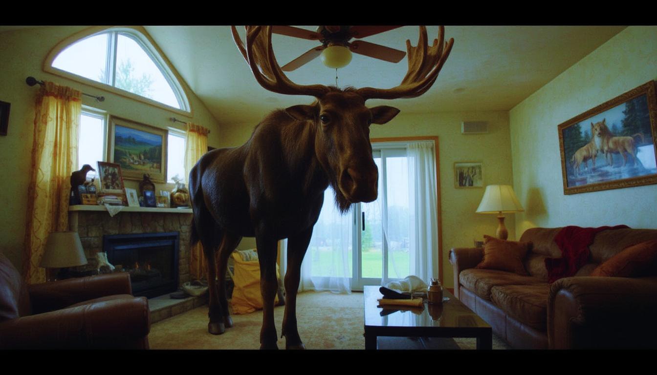 colorshift style, 

A large moose standing in a living room, facing camera.

David Lynch movie scene.
