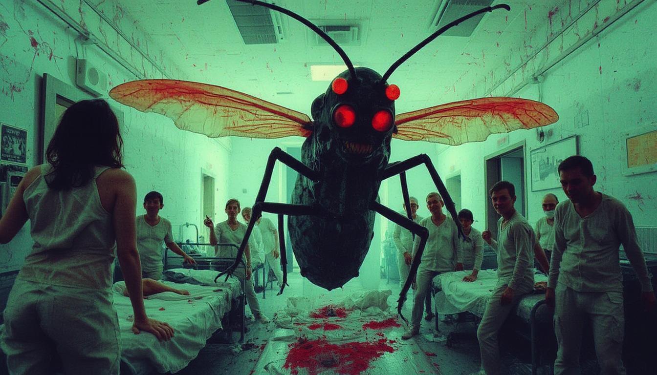 colorshift style, 

A large insect-monster creating havoc in an insane-asylum while patients are wearing straightjackets. total chaos.

Horror movie scene.