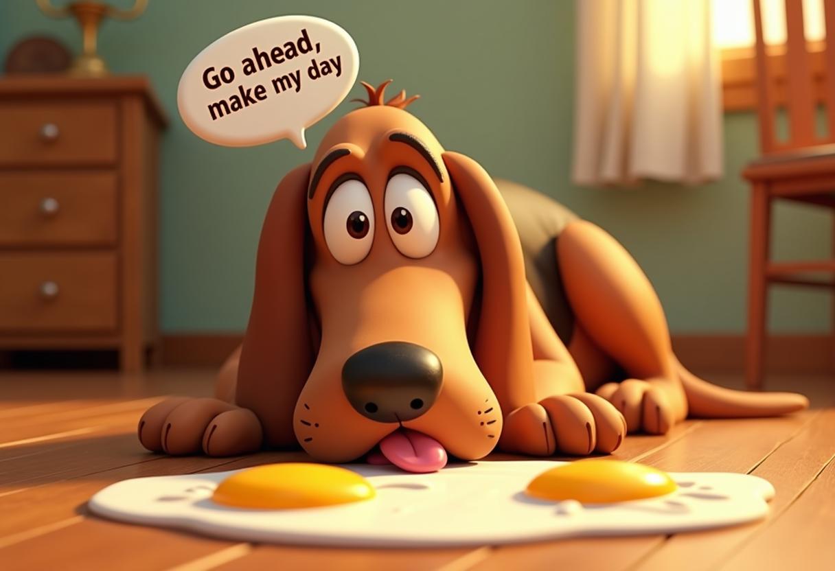 3D pixar style. create a big eyed, silly and funny looking basset hound with its tongue sticking out. laying sprawled on the wooden floor, having breakfast of sunny side up eggs on the floor. there is a speech bubble on its head that read s "Go ahead, make my day" .
