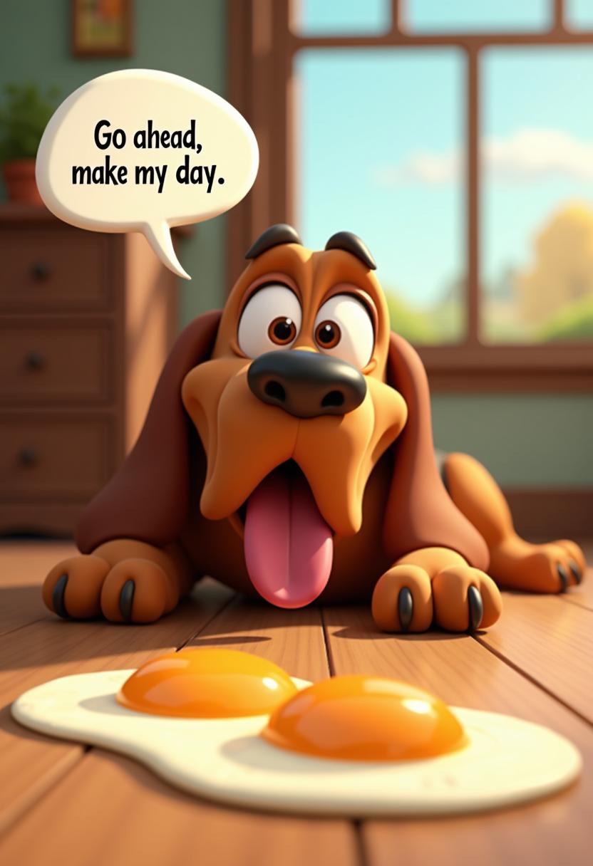 3D pixar style. create a big eyed, silly and funny looking basset hound with its tongue sticking out. laying sprawled on the wooden floor, having breakfast of sunny side up eggs on the floor. there is a speech bubble on its head that read s "Go ahead, make my day" .
