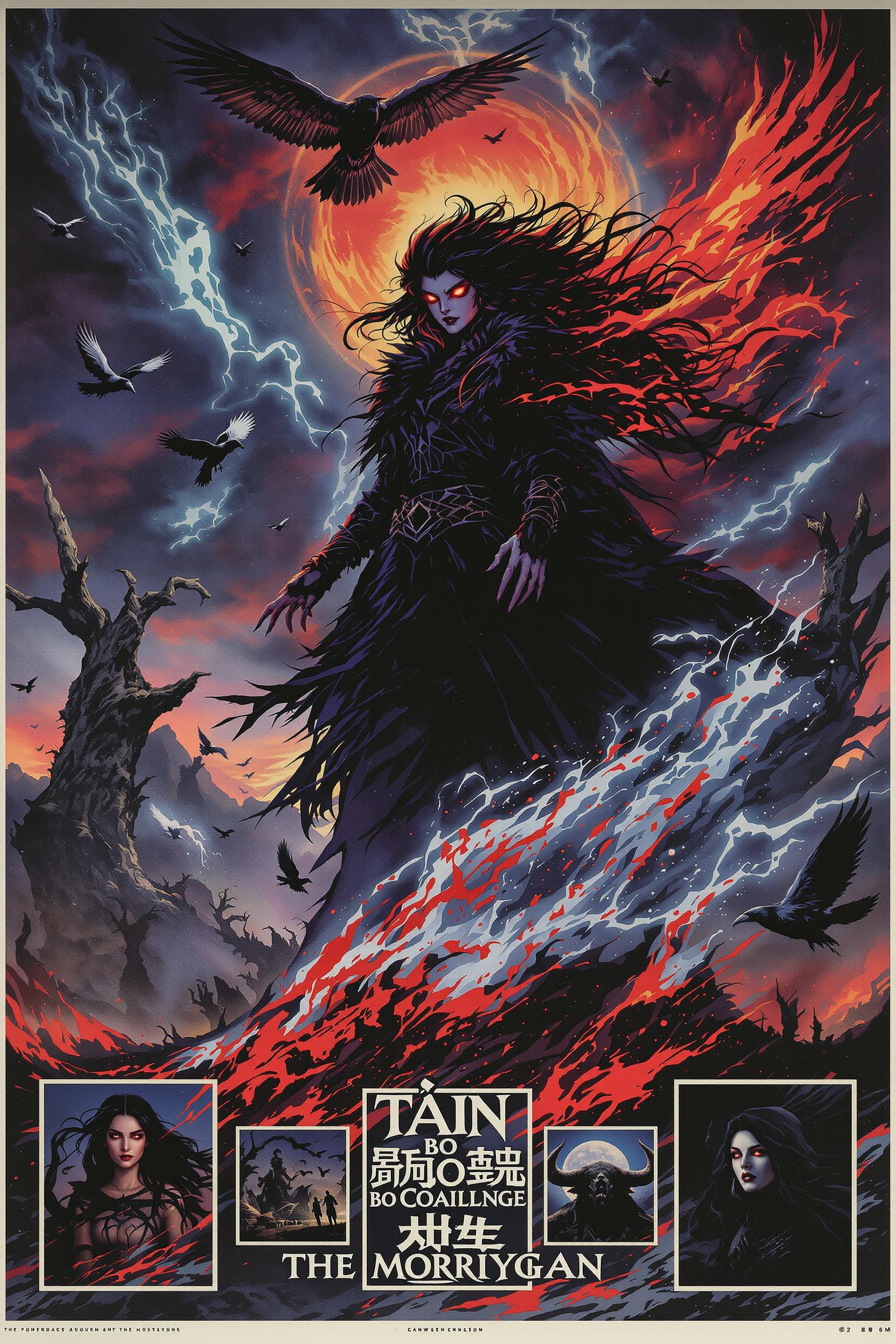 A 1980s Japanese anime poster art style rendering of Táin Bó Cúailnge, with a focus on The Morrígan, the Celtic goddess of war and fate. She stands central and ominous, cloaked in black feathers, with glowing red eyes and windswept raven hair, casting a powerful aura. Around her swirl scenes of prophecy and chaos — Cú Chulainn locked in battle, spectral crows rising from blood-soaked fields, and Queen Medb rallying her forces. The background features a stormy twilight sky, twisted ancient trees, and the looming silhouette of a great bull. Inset panels show The Morrígan in various forms — a young maiden, a fearsome hag, and a raven mid-flight. Retro anime color palette, cinematic composition, glowing highlights, and richly detailed linework.