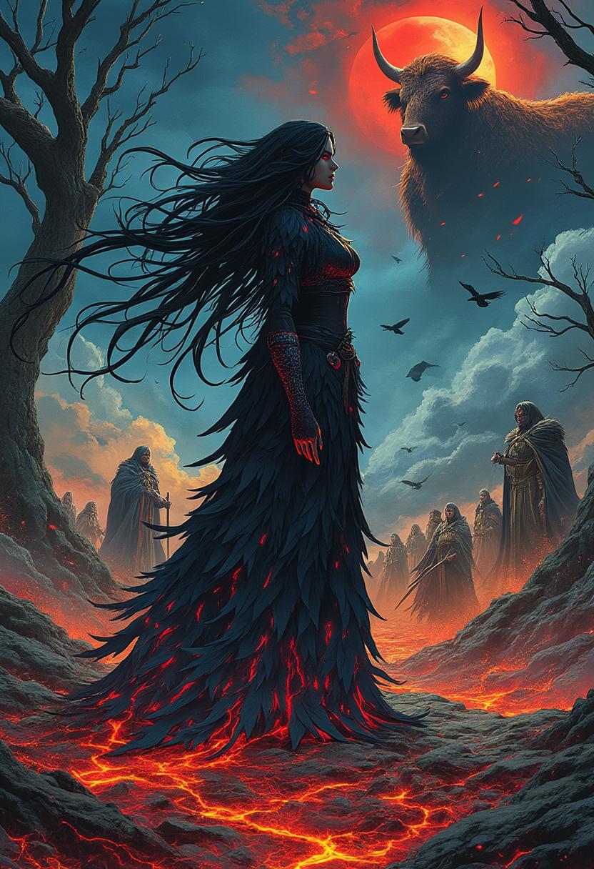 A 1980s Japanese anime poster art style rendering of Táin Bó Cúailnge, with a focus on The Morrígan, the Celtic goddess of war and fate. She stands central and ominous, cloaked in black feathers, with glowing red eyes and windswept raven hair, casting a powerful aura. Around her swirl scenes of prophecy and chaos — Cú Chulainn locked in battle, spectral crows rising from blood-soaked fields, and Queen Medb rallying her forces. The background features a stormy twilight sky, twisted ancient trees, and the looming silhouette of a great bull. Inset panels show The Morrígan in various forms — a young maiden, a fearsome hag, and a raven mid-flight. Retro anime color palette, cinematic composition, glowing highlights, and richly detailed linework.