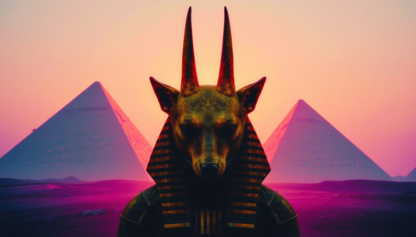 colorshift style, Surrealist scary photo. 

The Egyptian god Anubis with Jackal head. pristine new pyramids in background

Haunting mood, dreamlike, ethereal atmosphere. Influenced by pop surrealism with elements of modern art photography.

