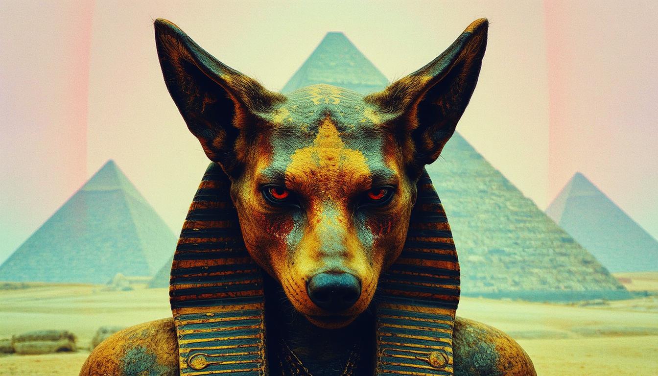 colorshift style, Surrealist scary photo. 

The Egyptian god Anubis with Jackal head. pristine new pyramids in background

Haunting mood, dreamlike, ethereal atmosphere. Influenced by pop surrealism with elements of modern art photography.
