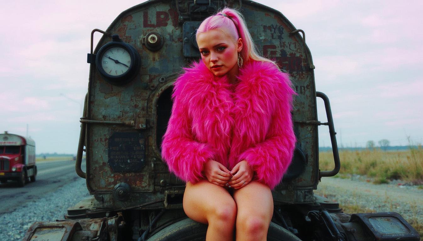 olorshift style, Surrealist scary photo. 

stunning fashion model with bleached ponytail, wearing a fake vibrant pink fur coat, sitting on a rusty diesel-engine in a Polish 1970s movie scene. Light leak.

Haunting mood, dreamlike, ethereal atmosphere. Influenced by pop surrealism with elements of modern art photography.
