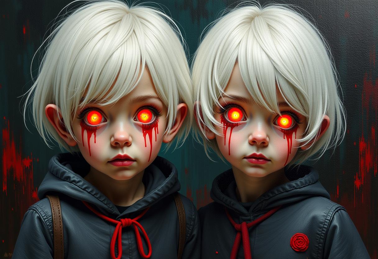 Children with white short hair and glowing gold red eyes, wearing same clothes. They are the damned. Thick deep expressive strokes captures the intricate details, creating depth and texture. The rich impasto technique enhances the luminosity of the scene
