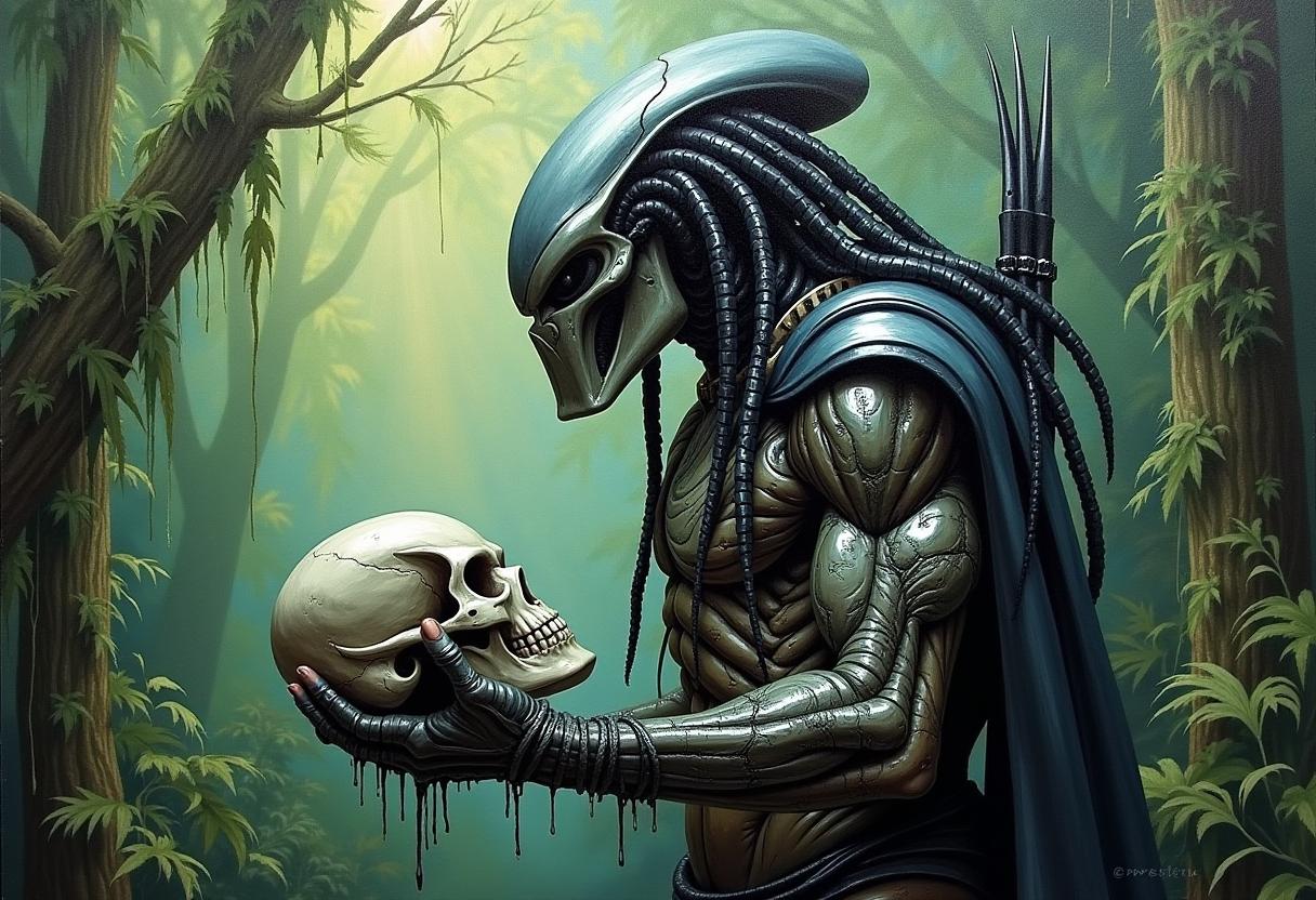 Predator alien hybrid cloaked in the jungle, holding a strange grey alien skull and vertebrae. Thick deep expressive strokes captures the intricate details, creating depth and texture. The rich impasto technique enhances the luminosity of the scene