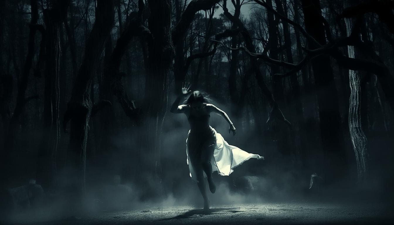 Charcoal style, 

A frightened semi-naked Snowwhite wearing a torn and shredded fairy tale dress — long, flowing, with puffed sleeves and a high collar — runs frantically through a nightmarish forest at twilight. The gnarled trees loom tall and twisted, their bark forming sinister, contorted faces with hollow eyes and screaming mouths. Long, branch-like limbs stretch toward her like claws, some mid-swing, as if about to grab her. The forest appears alive — hungry and malevolent. Harsh, modern horror film lighting cuts across the scene, casting deep shadows and spotlighting her desperate movement. Fog swirls at her feet, and motion blur trails behind her to capture the urgency. The atmosphere is surreal and claustrophobic, as if she’s trapped inside a dark, living nightmare.