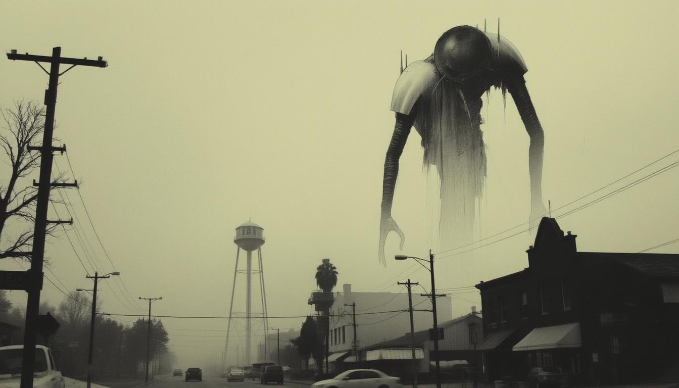 Charcoal style, Charcoal on paper drawing.

1950s horror movie style photo of a giant monstrous space-monster towering over a city street. 1950s Americana town. water tower in the background,  foggy atmosphere, desaturated, dramatic and eerie scene with a vintage feel.