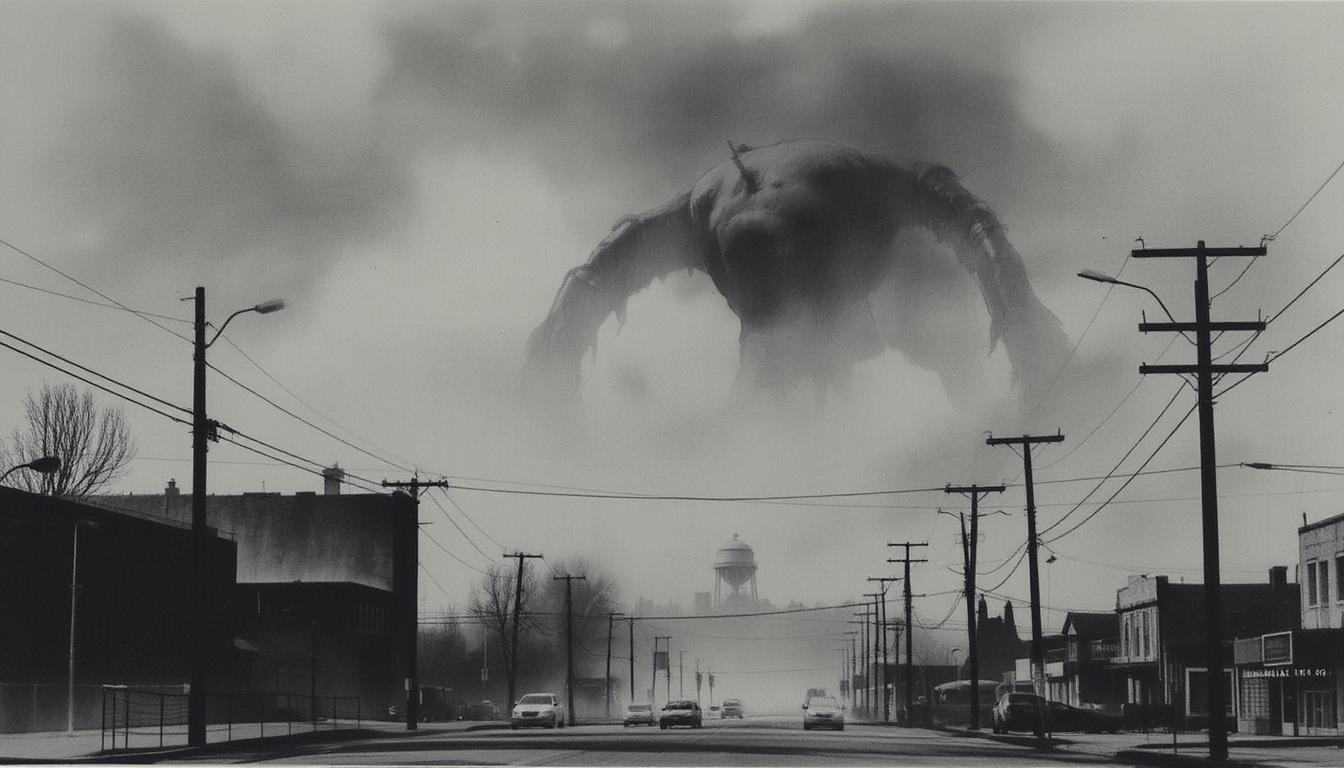 Charcoal style, Charcoal on paper drawing.

1950s horror movie style photo of a giant monstrous space-monster towering over a city street. 1950s Americana town. water tower in the background,  foggy atmosphere, desaturated, dramatic and eerie scene with a vintage feel.