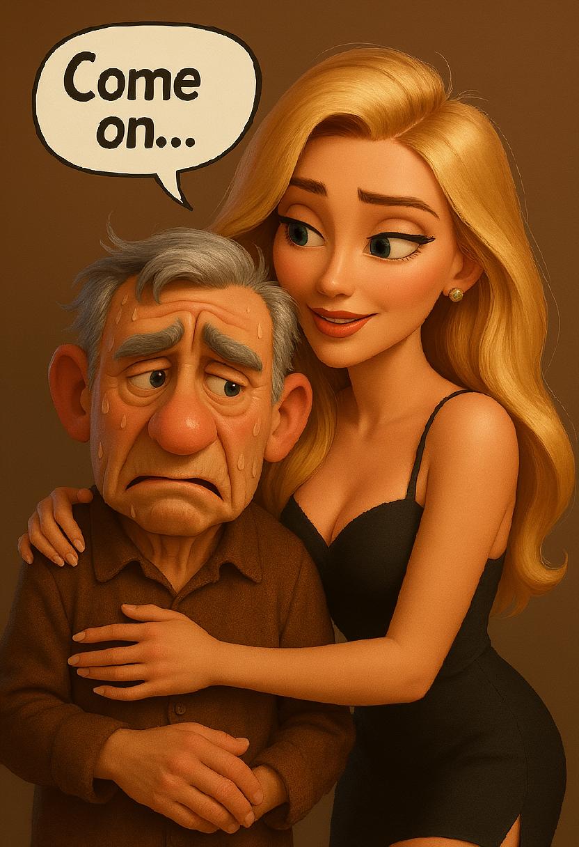 Create an upper body cartoon in Pixar style of old man with grey hair hugged by a beautiful fashion model