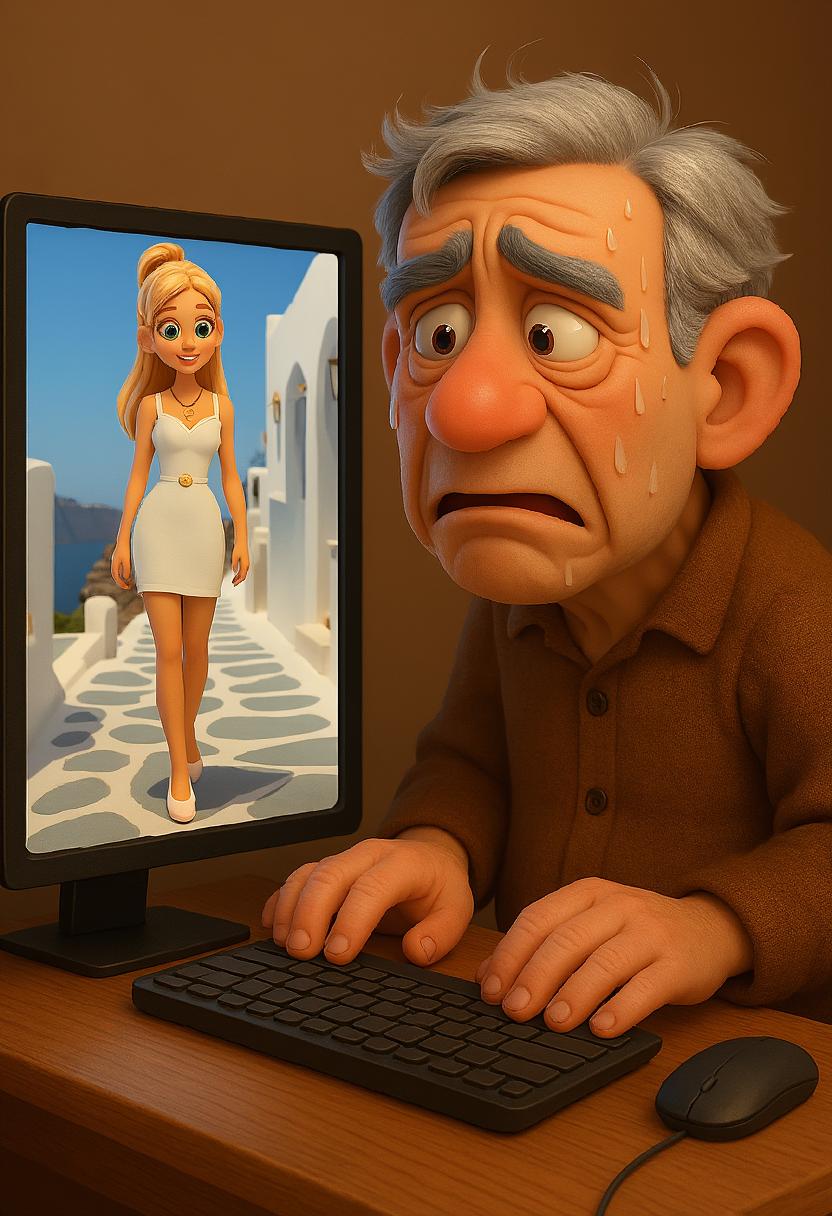 Create an upper body cartoon in Pixar style of old man with watching fashion show on his desktop computer