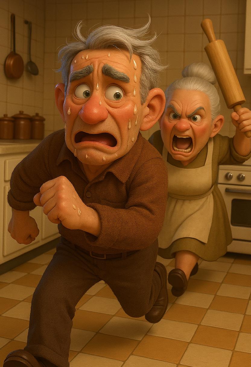 Create an image from these reference characters with same clothing and in the same Pixar style: the man runs away from the old woman through the kitchen while the old woman runs after him with the rolling pin in hand