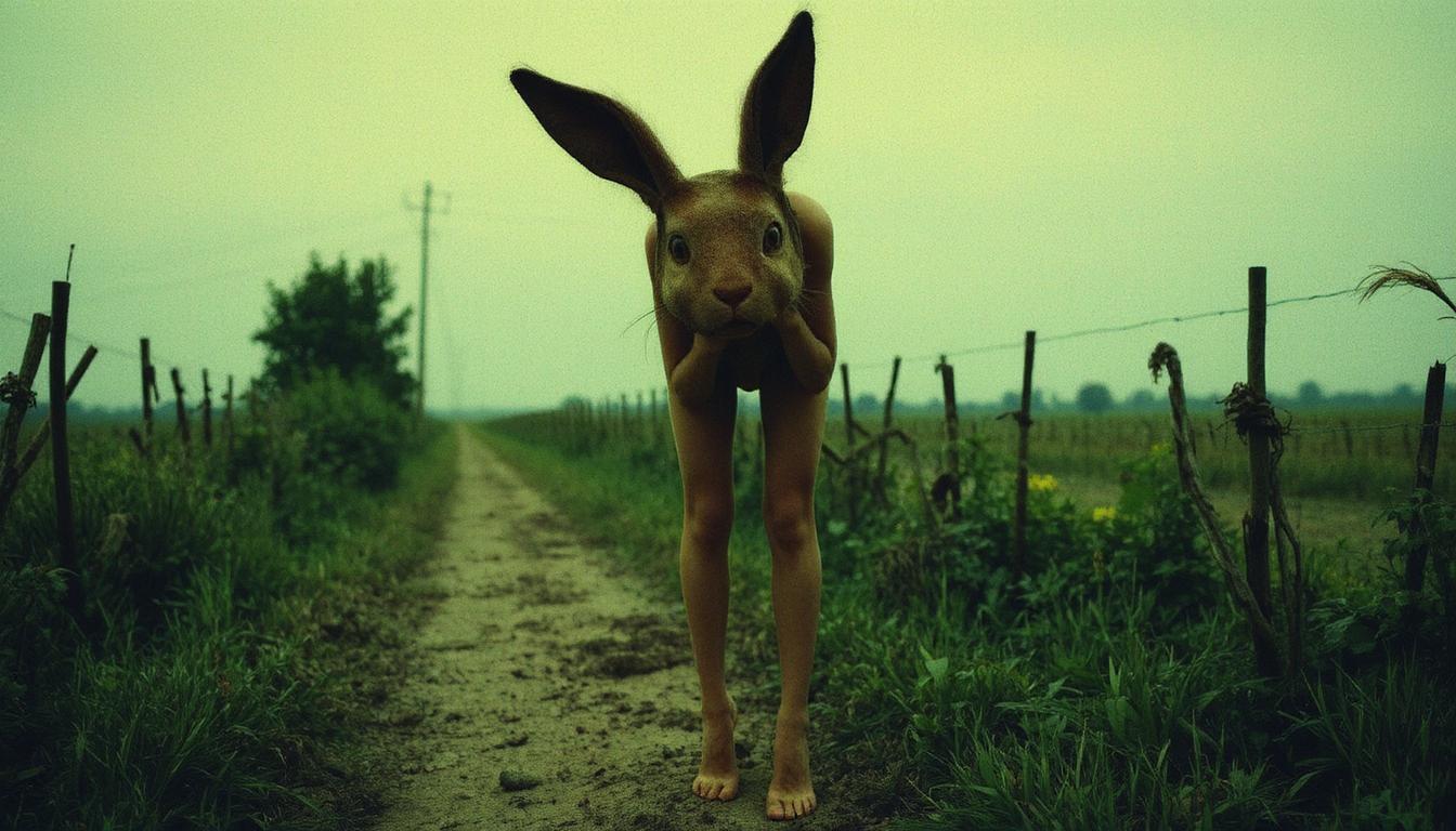 colorshift style, 

Surrealist vintage photo of a stunningly beautiful naked woman with long slender legs, wearing an eerie broken brown leather rabbit mask with hollow eyes. The mask is nailed, screwed and clamped into her face to make it stick. desolate rural setting, vintage-styled. stained body. overcast lighting. shot with a shallow depth of field to emphasize the haunting mood. the woman is barefoot, with her feet soiled with mud and dirt.
