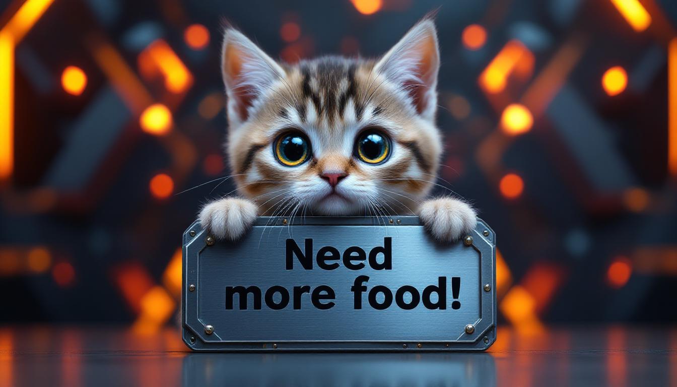 Cute Baby cat with huge eyes, sad eyes, holding a Flat lay mockup of [a futuristic metal sign] (with text "Need more food) " , background with [strange geometric shapes and colors, glowing] , flatlay photography style, minimalistic design, professional studio lighting, overhead shot from above, hyper-realistic, chibi animal, detailmaximizer