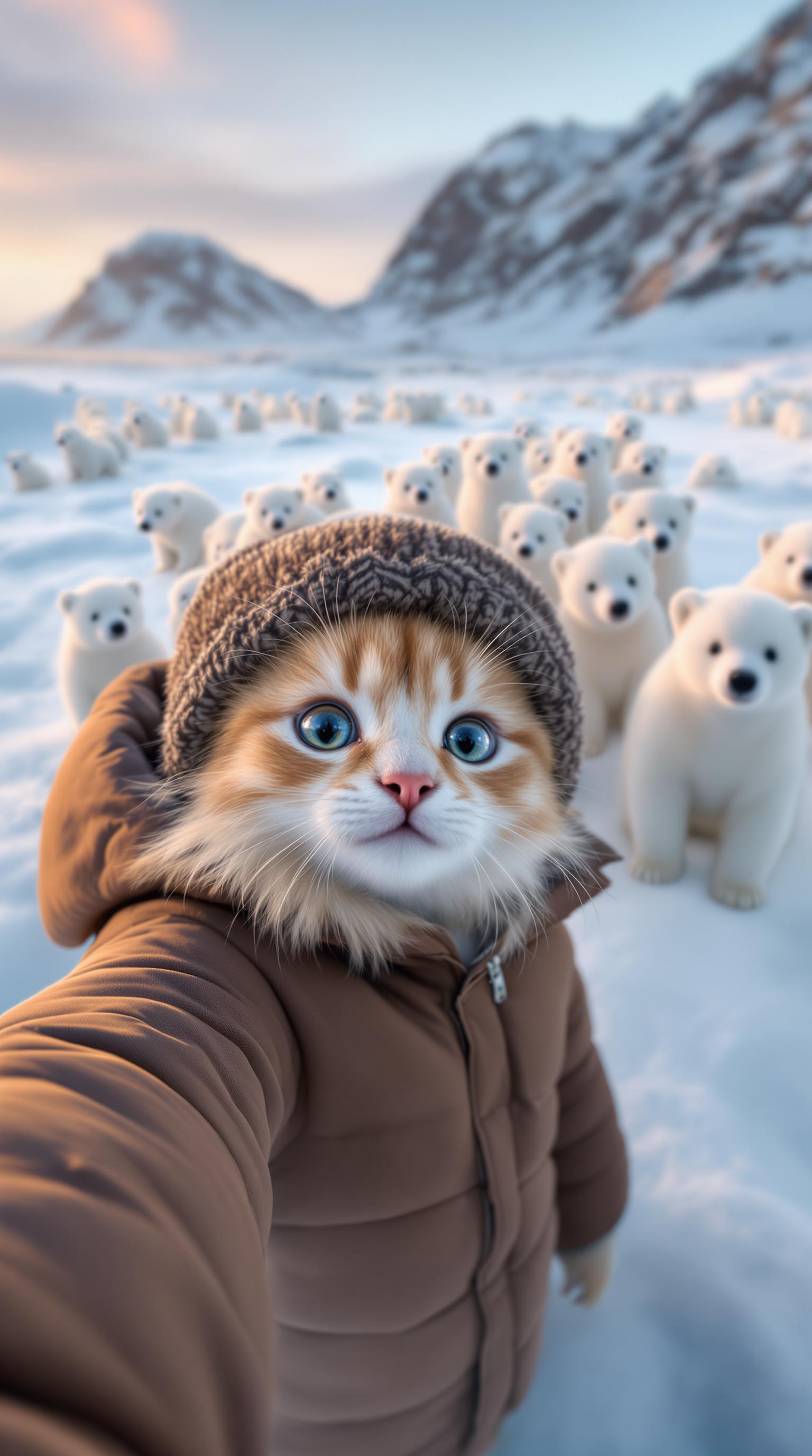 In the snow, there is an ice field with many polar bears standing on it. A real cute baby cat wearing a brown down jacket and hat takes a selfie in front of them. The cat has big eyes, long fur, surrounded by more than ten small white polar bears, in the style of sunset light, hyper detailed