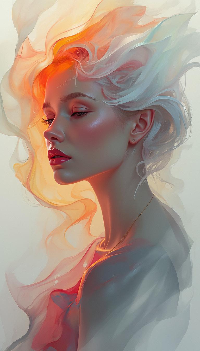 a beautiful woman, painting by Lois van Baarle and Greg Rutkowski, Artgerm, beautiful colors, abstract shapes, soft lines, elegant curves, white background, high resolution, surreal, fantasy, geometric abstraction