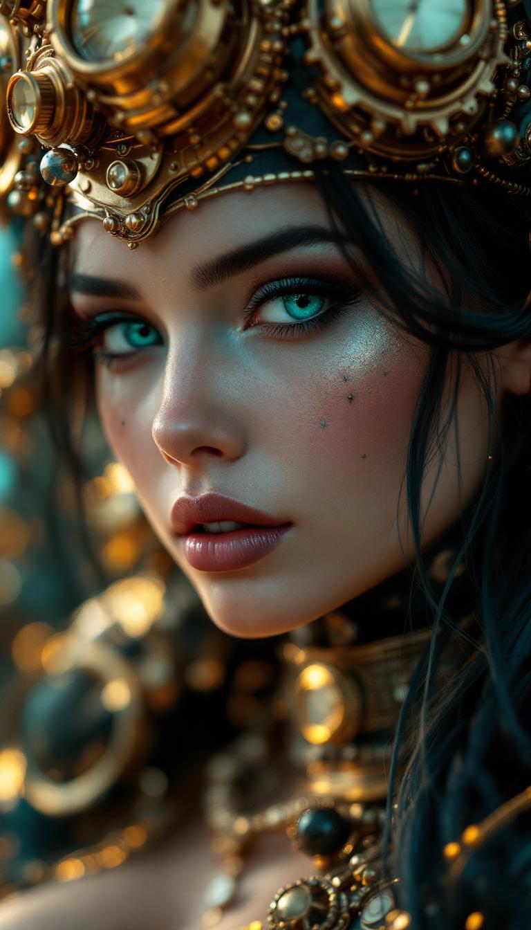 3d image of a steampunk woman, in the style of Bella Kotak, gold and cyan, photorealistic detail, dark fairy tales, detailed miniatures, artgerm, uhd image