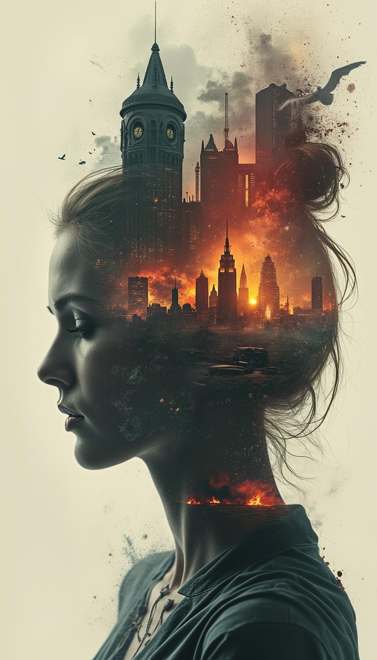 Abstract style dystopian future with elements of an apocalyptic war inside the silhouette of a woman’s head that is a double exposure photograph . Non-representational, colors and shapes, expression of feelings, imaginative, highly detailed