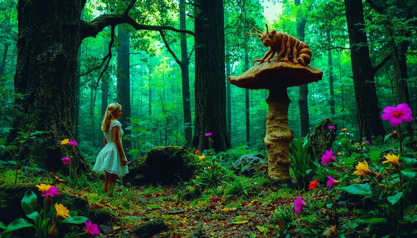 colorshift style, 

Alice in Wonderland. Naked Alice in the nude walks in a strange, twisted dark forest, gazing up at a Caterpillar who is perched lazily on top of a giant mushroom. His many legs dangle over the mushroom's edge as he looks down at Alice with a curious, almost knowing gaze. The scene is bathed in surreal, dappled light, with strange, colorful flowers and plants bending unnaturally toward them. The forest in the background twists and warps, as if the very air is alive and shifting, adding to the otherworldly atmosphere of Wonderland.
