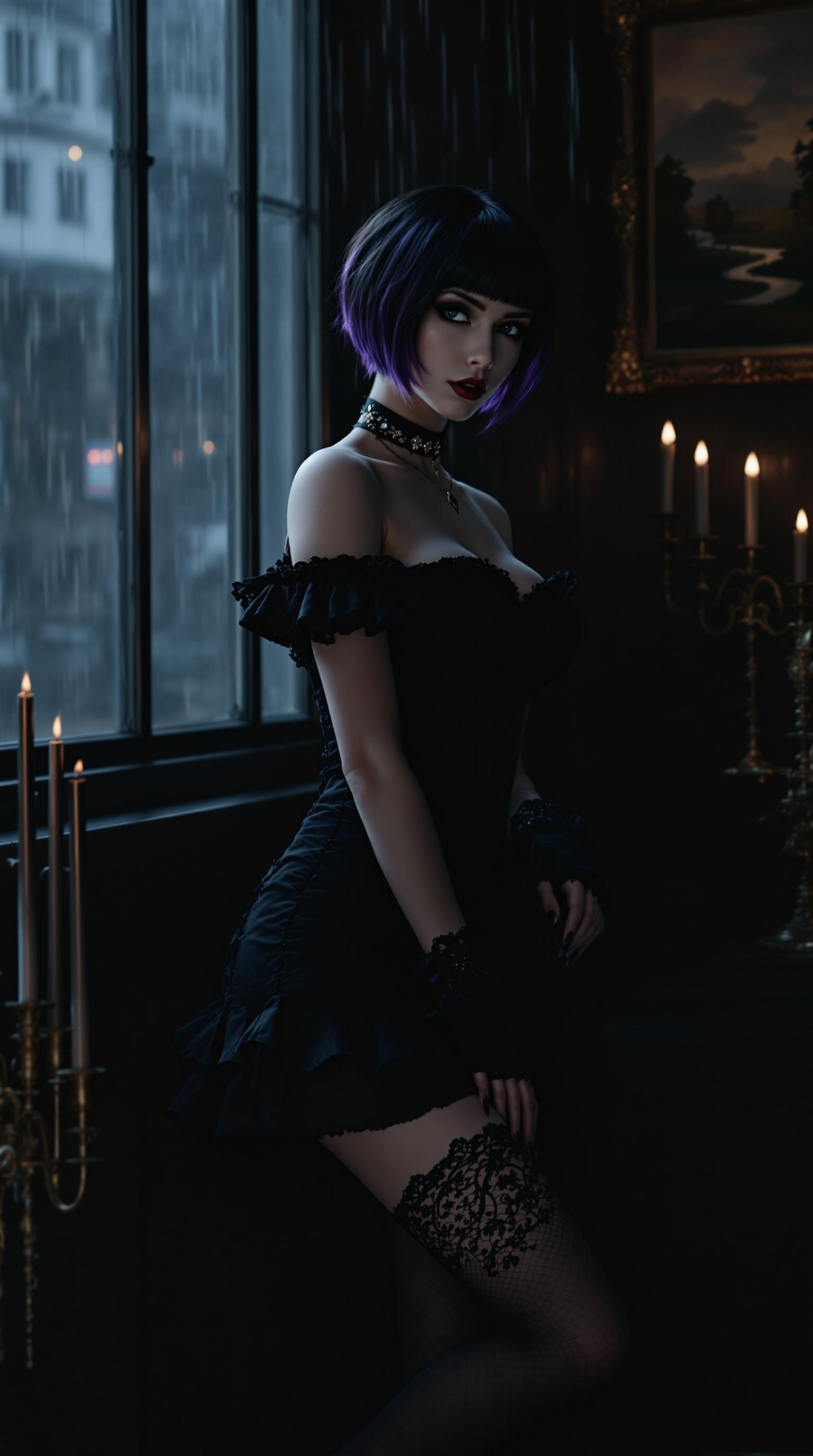 **Image Prompt**: 

A **cinematic photograph** capturing a **Chesty Goth Woman** with **dark hair transitioning to purple tips**, styled in a **short, pixie cut**. She wears an **off-the-shoulder black dress** with a **ruffled neckline**, **fitted waist**, and **above-the-knee hem**. Her ensemble is completed by **black thigh-high stockings** with intricate lace patterns and **modest black high heels**.

**Cinematic lighting** casts dramatic shadows that accentuate her form, highlighting the **depth and drama** of the scene. She strikes a **dynamic pose** with her body slightly turned, and the camera angle is **tilted** to suggest movement or deep contemplation.

The **minimalist background** features a **dark, urban setting** or a **gothic-themed room**, adorned with **candelabras** and **old landscape paintings**. The atmosphere is **nocturnal and mystical**, with a **hint of rain or mist** visible outside, enhancing the cinematic quality.

**Style**: Inspired by **comic book art**, the image showcases **sharp contrasts**, **vibrant shadows**, and a touch of **surrealism**, focusing on the **allure of the gothic theme**. The composition is **cinematic**, with elements of **high contrast** and **dynamic angles** to create a sense of drama and allure.