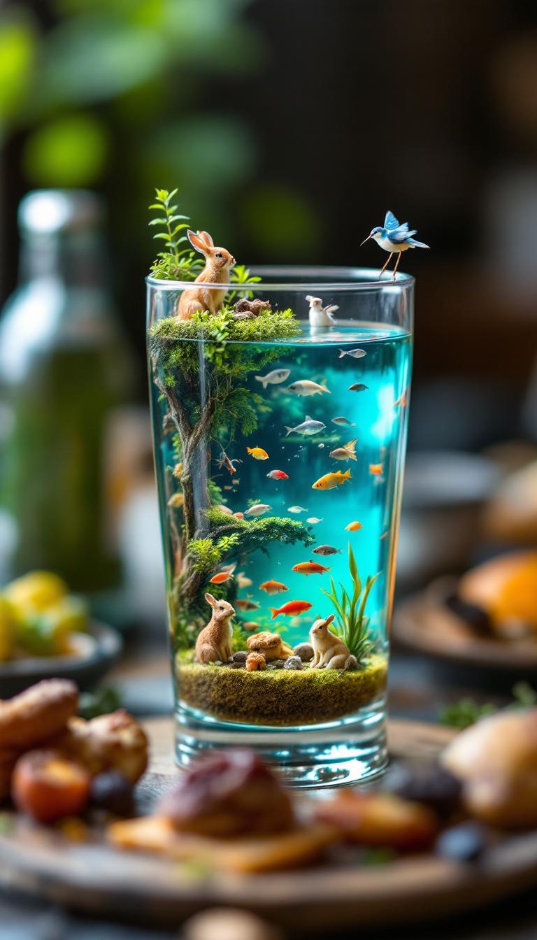 A realistic miniature lake with fish and small wildlife inside a pint glass. The tiny lake has clear water, marine animals, and birds perched or flying above. Small animals like rabbits or deer are relaxing near the lake. The pint glass is placed on a table next to real human food, creating a surreal contrast. Hyper realistic style, macro photography, shallow depth of field, soft lighting, high detail.