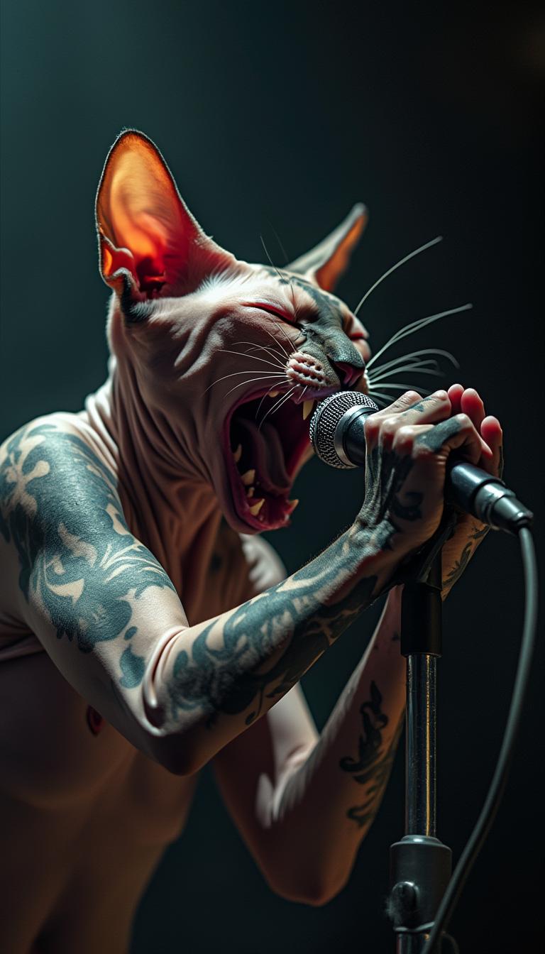photorealistic dynamic motion blurred photo of a tattooed heavy metal Sphynx cat singer on stage screaming into the microphone with passion and anger. Dark background.