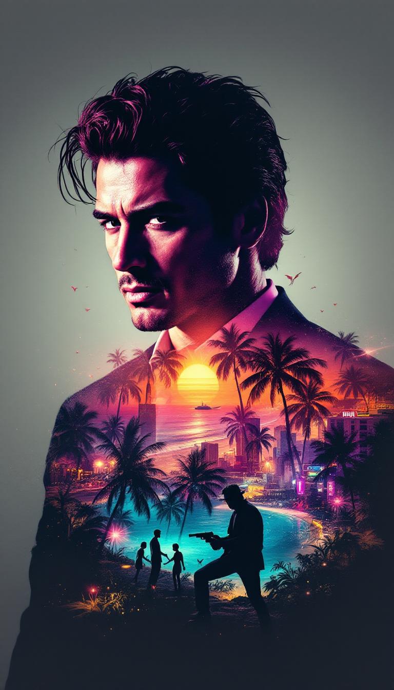 Double exposure, Midjourney style, merging, blending, overlay double exposure image, Double Exposure style,
An exceptional masterpiece by Yukisakura capturing a dynamic double exposure composition of a young Al Pacino as Tony Montana, radiating raw ambition and fire. His silhouette bursts with the electric vibrance of 1980s Miami—sunset gradients bleeding into ocean blues, candy-colored convertibles zipping down Ocean Drive, neon signs flickering above salsa clubs, and tropical foliage basking in the glow of streetlights. Explosions of bright pinks, turquoises, golds, and hot reds dance through the cityscape within his form, symbolizing both the allure and chaos of his rise. Silhouettes of palm trees, speedboats, flamingos, and flashes of gunfire flicker across his figure like snapshots from a fever dream. A sleek, high-contrast background in black-and-white pushes his youthful features into sharp relief—slicked-back hair, piercing eyes, a confident smirk, and the edge of a tailored suit exuding heat and danger. The full-color spectrum within Tony’s silhouette pulses with life, layered with intensity and cinematic rhythm. Every line, shadow, and highlight emphasizes the explosive energy of a man chasing the American Dream, no matter the cost. (Detailed:1.45). (Detailed background:1.4).