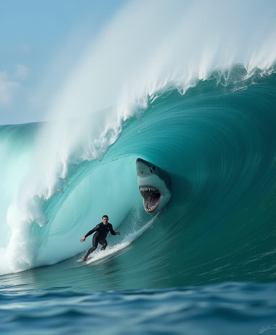 Cinematic, wide-angle view of a Nazaré wave ridge beginning to crumble. Midway through the collapse, a small surfer tries to escape downward, while just behind, a great white shark (~12% of frame) bursts laterally from the water, slightly angled with teeth exposed. Foam, debris, and light scatter across the frame, creating chaos around the clean central path. High energy, controlled structure, 