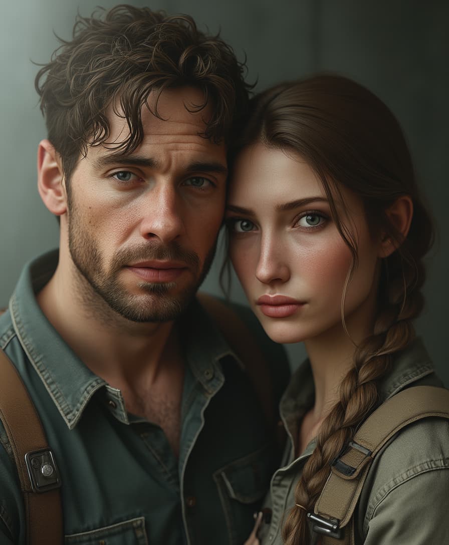 A photorealistic portrait of how Joel and Ellie would look like if they were real human beings 