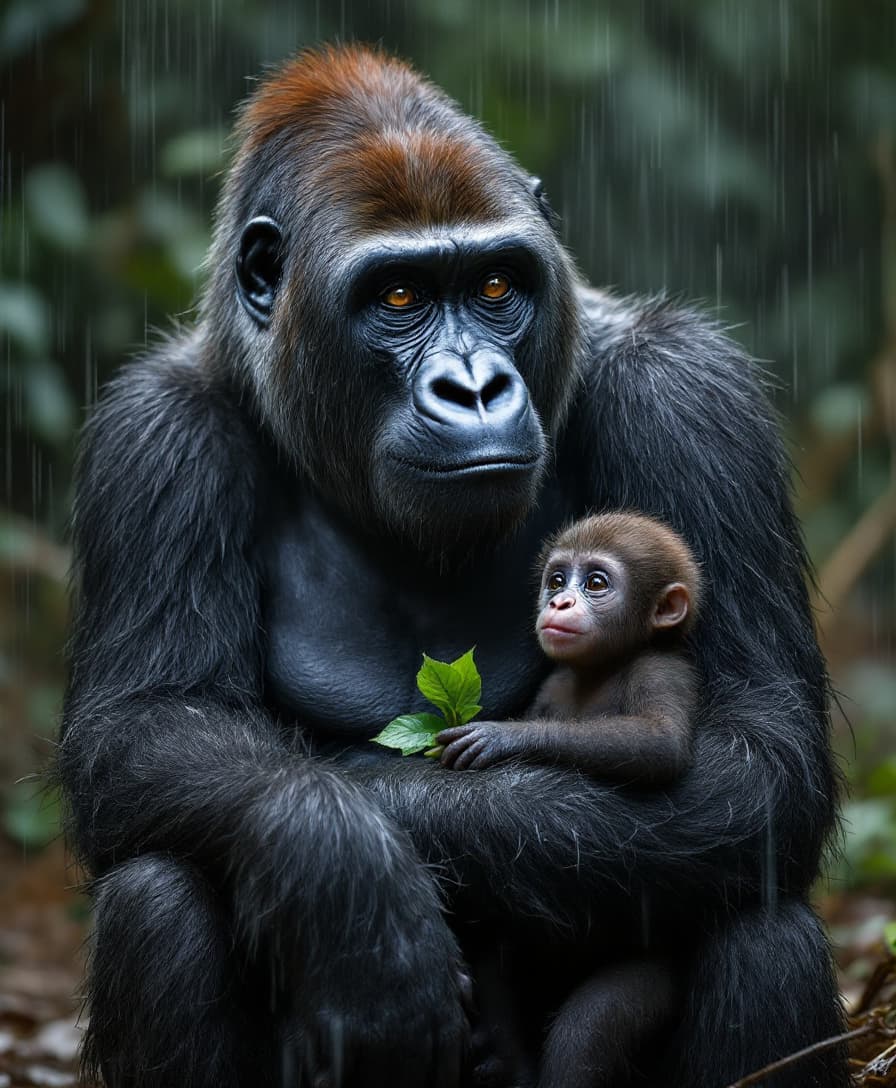  "Silverback with Baby in Rain"

Subject:

    A silverback gorilla sitting with its young cradled protectively under its arm. Rain pours gently down, soaking their dark fur. The adult looks up with calm, patient eyes—serene, deeply knowing. The baby peers out, clutching a green leaf with wide eyes.

Textures:

    Coarse, matted fur wet with rain; water beading on their faces; thick skin like worn leather; tiny soft fingers wrapped around the adult’s knuckle.

Lighting:

    Rainy, diffused jungle light. Cool tones from foliage, but warm bounce from nearby mud. Mist and shadow play gently over the forms.

Camera Settings:

        Lens: 135mm

        Aperture: f/2.0

        ISO: 1000

        Shutter Speed: 1/500

        White Balance: Cloudy, slight desaturation in post for realism

Emotion:

    Protection. That sacred, ancient kind of love that needs no language.