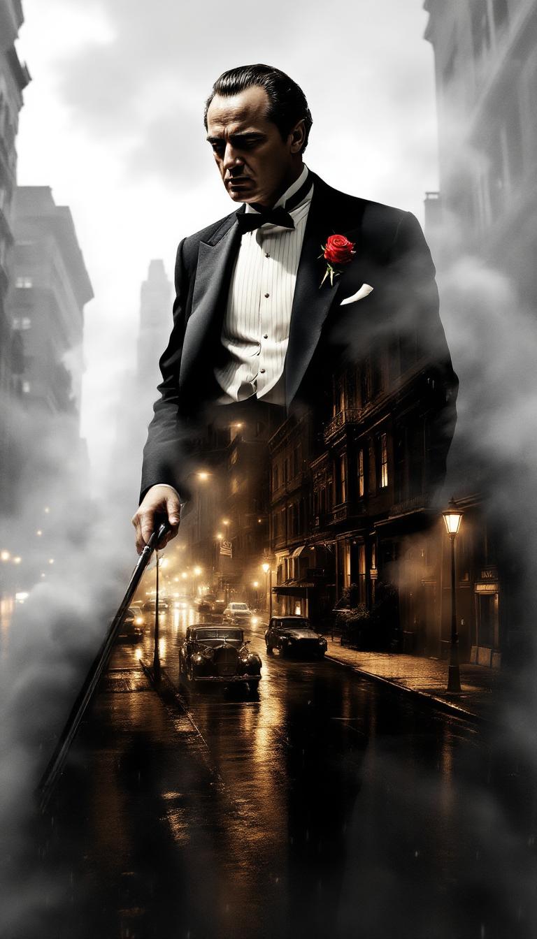 Double exposure, Midjourney style, merging, blending, overlay double exposure image, Double Exposure style, An exceptional masterpiece by Yukisakura revealing a fantastic double exposure composition of Marlon Brando’s silhouette as Vito Corleone, harmoniously intertwined with the atmospheric, moody landscapes of 1940s New York. Within his form, sepia-toned streets drenched in rain, vintage cars parked under dim streetlamps, smoke curling from alleyways, and the shadowy outlines of gangsters and old tenement buildings stretch and echo like the memories of a bygone empire. The deep narrative tension is anchored by the razor-sharp contrast of a stark black-and-white background, allowing every fold of his iconic tuxedo and rose lapel to slice through the scene with authority. The vibrant full-color scheme within Vito’s silhouette pulses with richness and shadow, layered with narrative precision. Crisp, deliberate lines trace every wrinkle, gesture, and emotional weight of his godfather presence. (Detailed:1.45). (Detailed background:1.4).