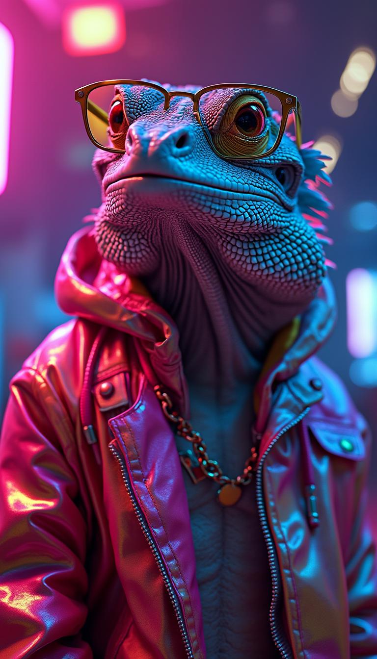 A hyper-realistic [LIZARD] wearing fashionable fancy sunglasses and a colorful, highly fashionable, trendy jacket that reflects unique street style—could be anything from bold patterns to futuristic fabrics. The outfit is tailored to the animal’s physique, oozing confidence and individuality. It strikes a confident pose under neon nightclub lighting. The scene is bathed in vibrant pinks, blues, and purples, with dramatic backlighting and glowing accents that highlight the texture of fur, feathers, or scales. The overall vibe is surreal and stylish, blending streetwear and cyberpunk in a cinematic atmosphere.