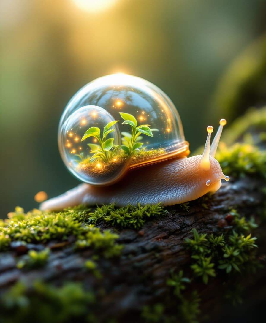 A whimsical snail with a translucent terrarium shell, crawling slowly along a moss-covered log. Inside its shell grow tiny glowing plants. The soft morning light, diffused like from a softbox through tree canopy, illuminates the snail evenly, while a golden backlight creates glowing outlines and highlights the moisture on its body. Macro style, hyper-realistic textures, magical nature setting, 3D photo realism.