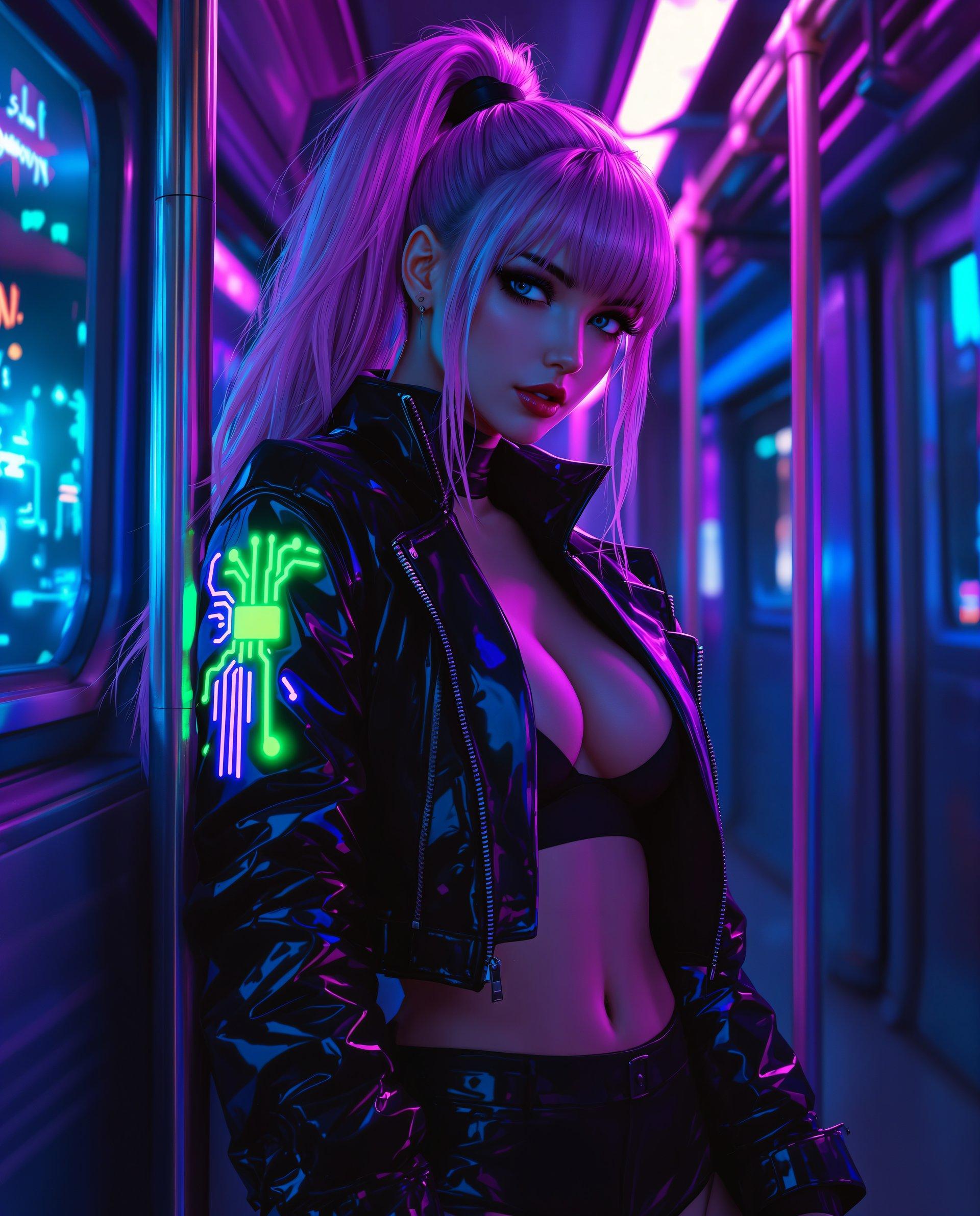 masterpiece, best quality, highres, sharp image, more detail <lora:more_details:0.5> <lora:SDXLrender_v2.0:1>, This image is a realistic photo (photograph) of a female real person digital illustration that captures a cyberpunk aesthetic, characterized by its futuristic, neonlit, and urban setting. The art style is highly detailed and stylized, with a focus on the interplay of light and shadow to create a threedimensional effect on the twodimensional medium.The medium appears to be a highresolution digital painting, utilizing advanced software to achieve the rich textures and vibrant colors. The image is dominated by a palette of purples, blues, and blacks, with neon accents of pink, green, and yellow that suggest a nighttime setting in a neonlit cityscape.The subject of the image is a person with striking cyberpunk features. They have long, flowing hair that transitions from a deep purple at the roots to a lighter, almost silver hue at the tips, giving it a glossy, wet look. The hair is styled in a high ponytail, secured with a black hair tie, and there are strands that fall loosely around the shoulders and neck.The person is wearing a sleek, futuristic outfit that consists of a glossy, black leather jacket with a high collar and a zippered front. The jacket has a reflective quality, catching the neon lights and adding to the cyberpunk ambiance. On the left sleeve of the jacket, there is a neon green and pink design that resembles a circuit board or a digital display, contributing to the overall cyberpunk theme.Underneath the jacket, the person is wearing a black crop top that reveals a hint of midriff, and they are also wearing formfitting, thighhigh boots that match the jacket in color and style, giving off a cohesive look.The setting appears to be a dimly lit, metallic interior, possibly a train or subway car, judging by the metal poles and the large windows that allow the neon lights of the city to filter in. The interior is painted in shades of blue and purple, with graffiti tags and other urban elements that enhance the cyberpunk vibe.Overall, the image is a rich tapestry of cyberpunk elements, from the neonlit cityscape to the futuristic fashion, all meticulously crafted to evoke a sense of advanced technology, urban decay, and dystopian futurism.