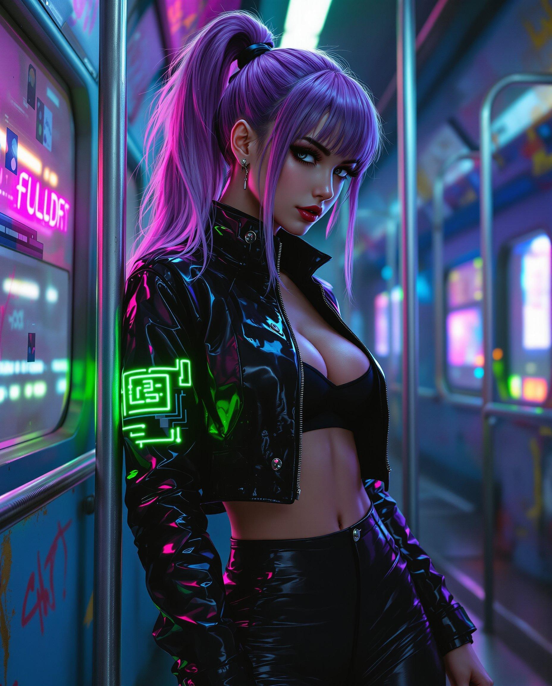 masterpiece, best quality, highres, sharp image, more detail, This image is a realistic photo (photograph) of a female real person digital illustration that captures a cyberpunk aesthetic, characterized by its futuristic, neonlit, and urban setting. The art style is highly detailed and stylized, with a focus on the interplay of light and shadow to create a threedimensional effect on the twodimensional medium.The medium appears to be a highresolution digital painting, utilizing advanced software to achieve the rich textures and vibrant colors. The image is dominated by a palette of purples, blues, and blacks, with neon accents of pink, green, and yellow that suggest a nighttime setting in a neonlit cityscape.The subject of the image is a person with striking cyberpunk features. They have long, flowing hair that transitions from a deep purple at the roots to a lighter, almost silver hue at the tips, giving it a glossy, wet look. The hair is styled in a high ponytail, secured with a black hair tie, and there are strands that fall loosely around the shoulders and neck.The person is wearing a sleek, futuristic outfit that consists of a glossy, black leather jacket with a high collar and a zippered front. The jacket has a reflective quality, catching the neon lights and adding to the cyberpunk ambiance. On the left sleeve of the jacket, there is a neon green and pink design that resembles a circuit board or a digital display, contributing to the overall cyberpunk theme.Underneath the jacket, the person is wearing a black crop top that reveals a hint of midriff, and they are also wearing formfitting, thighhigh boots that match the jacket in color and style, giving off a cohesive look.The setting appears to be a dimly lit, metallic interior, possibly a train or subway car, judging by the metal poles and the large windows that allow the neon lights of the city to filter in. The interior is painted in shades of blue and purple, with graffiti tags and other urban elements that enhance the cyberpunk vibe.Overall, the image is a rich tapestry of cyberpunk elements, from the neonlit cityscape to the futuristic fashion, all meticulously crafted to evoke a sense of advanced technology, urban decay, and dystopian futurism.
